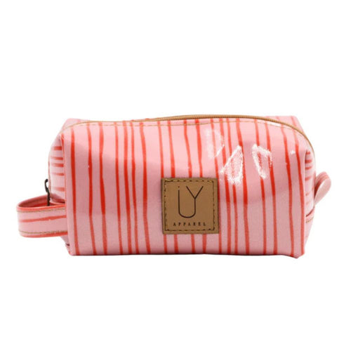 Pink stripe cosmetic bag with IY Apparel branding