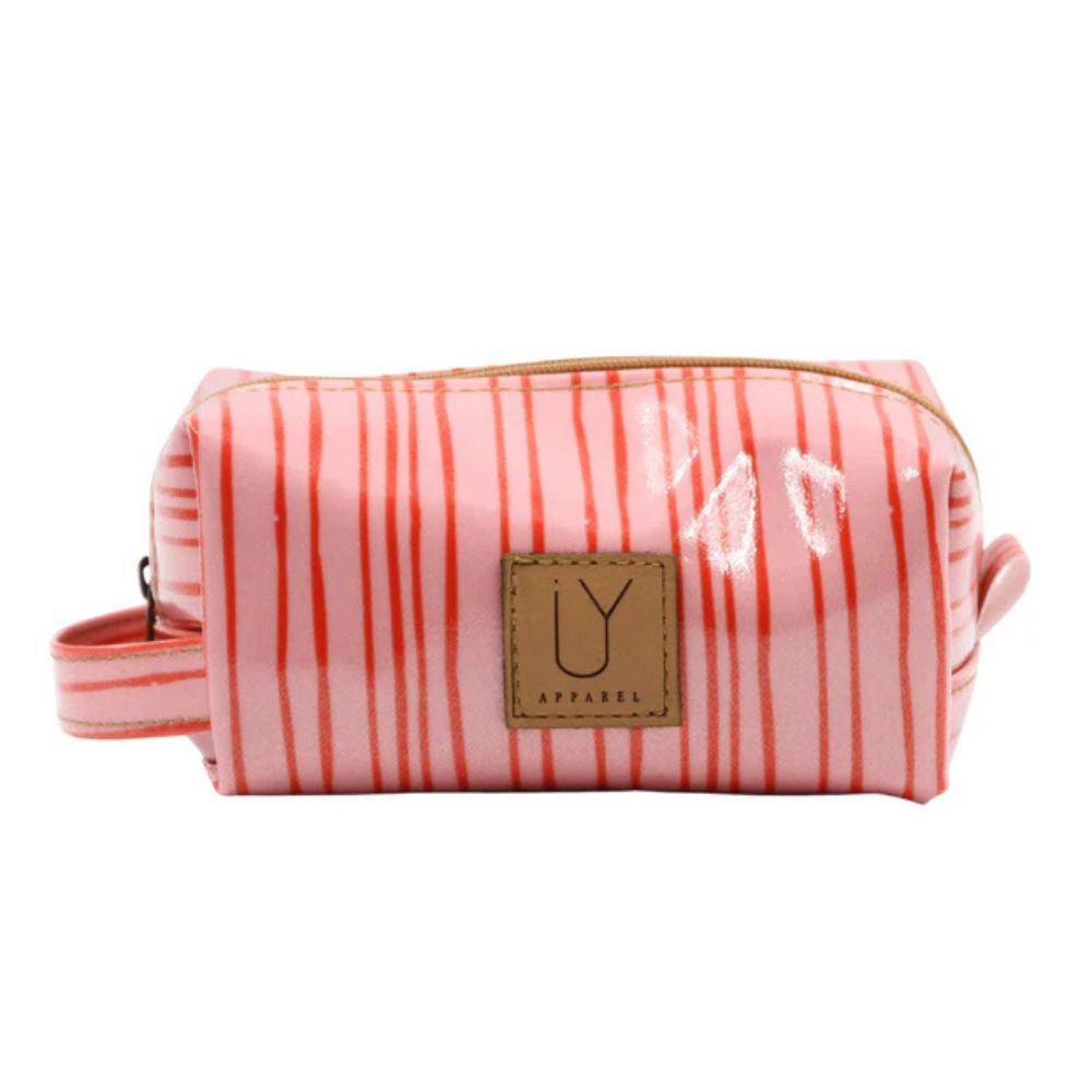 Pink stripe cosmetic bag with IY Apparel branding