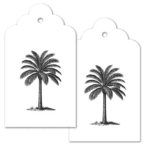 Two white tags with black palm tree illustrations on a white background