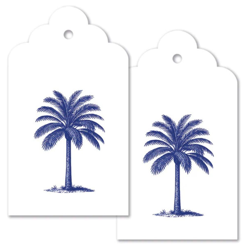 Two white tags with blue palm tree designs on a white background