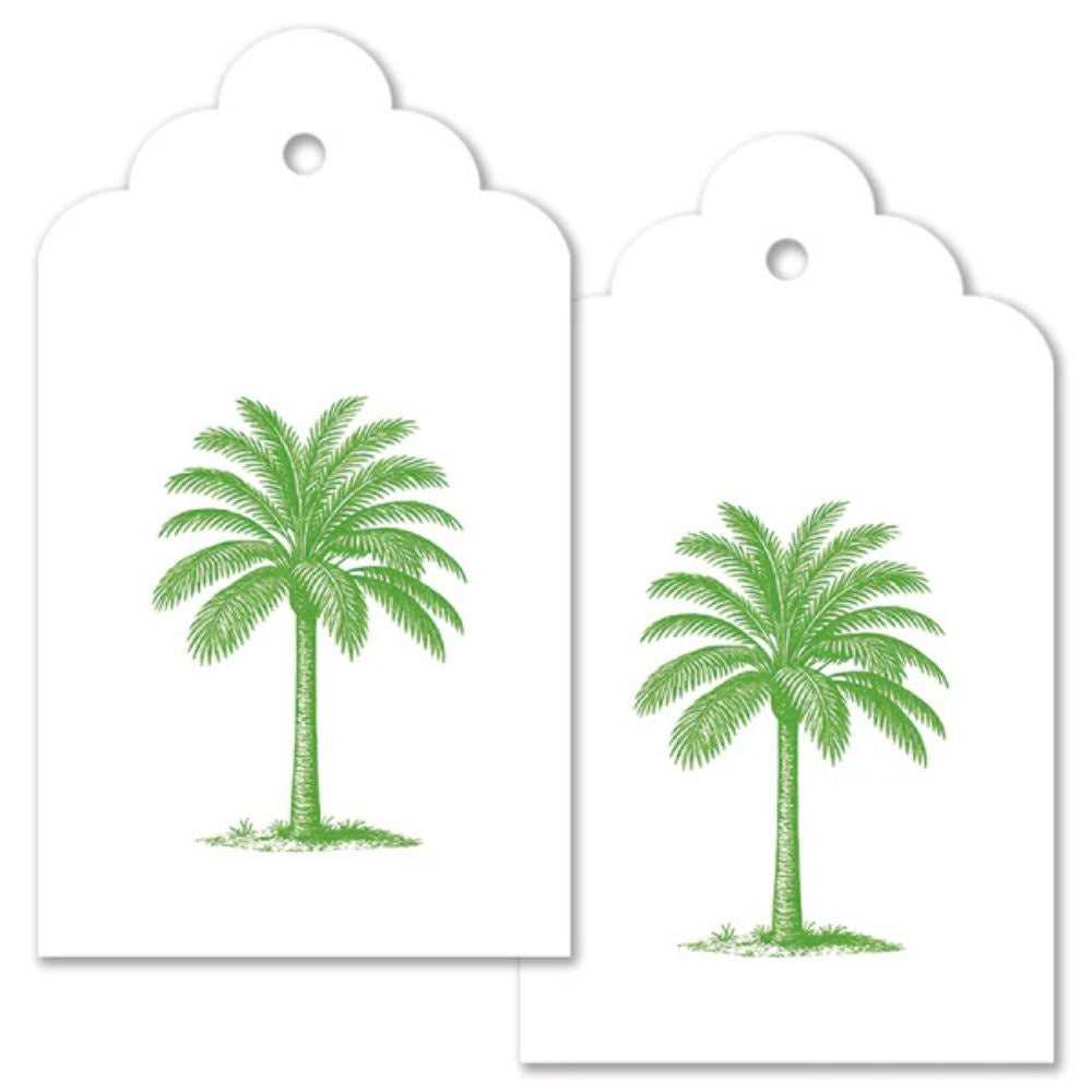 Two white tags with green palm tree designs on a white background