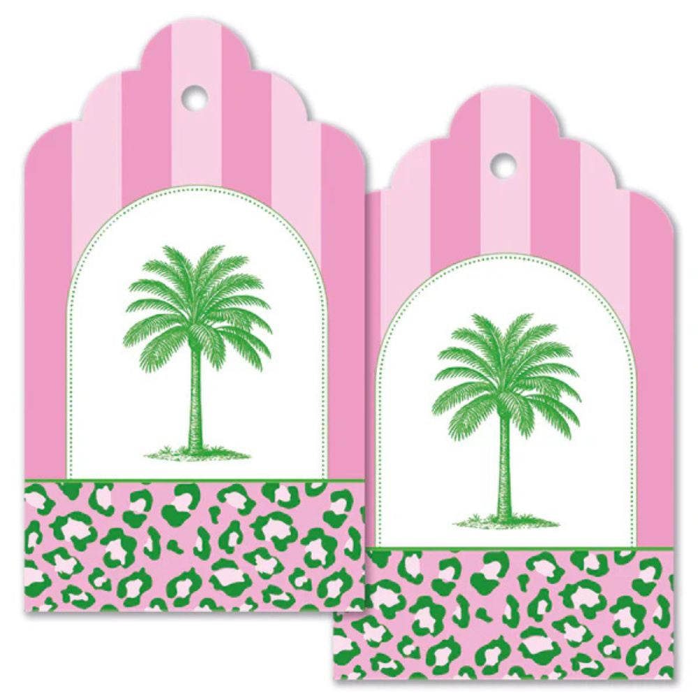 Two pink gift tags with green palm trees and leopard print patterns.