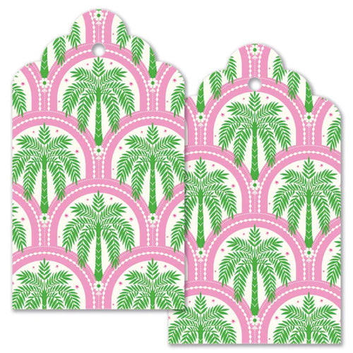 Decorative tags with pink arches and green palm trees on a white background