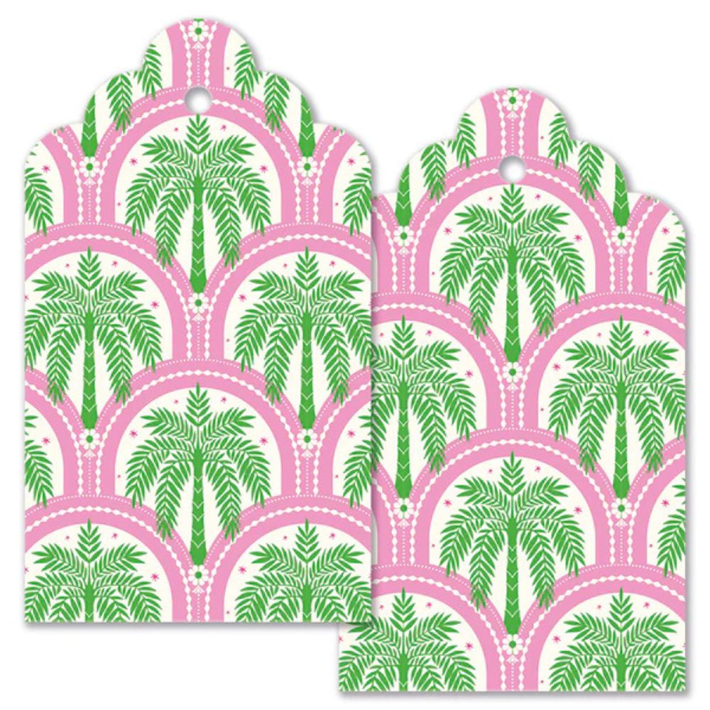 Decorative tags with pink arches and green palm trees on a white background
