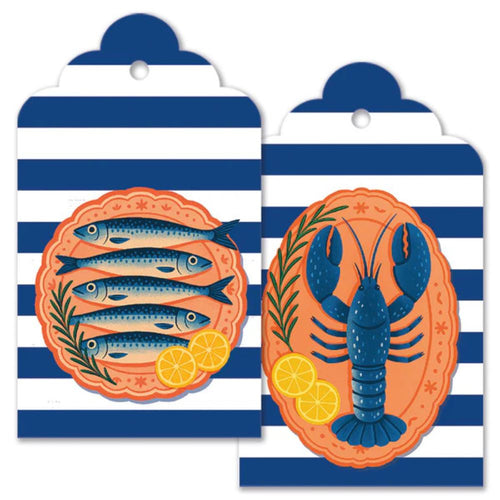 Two gift tags with nautical designs featuring fish and a lobster on a blue and white striped background.