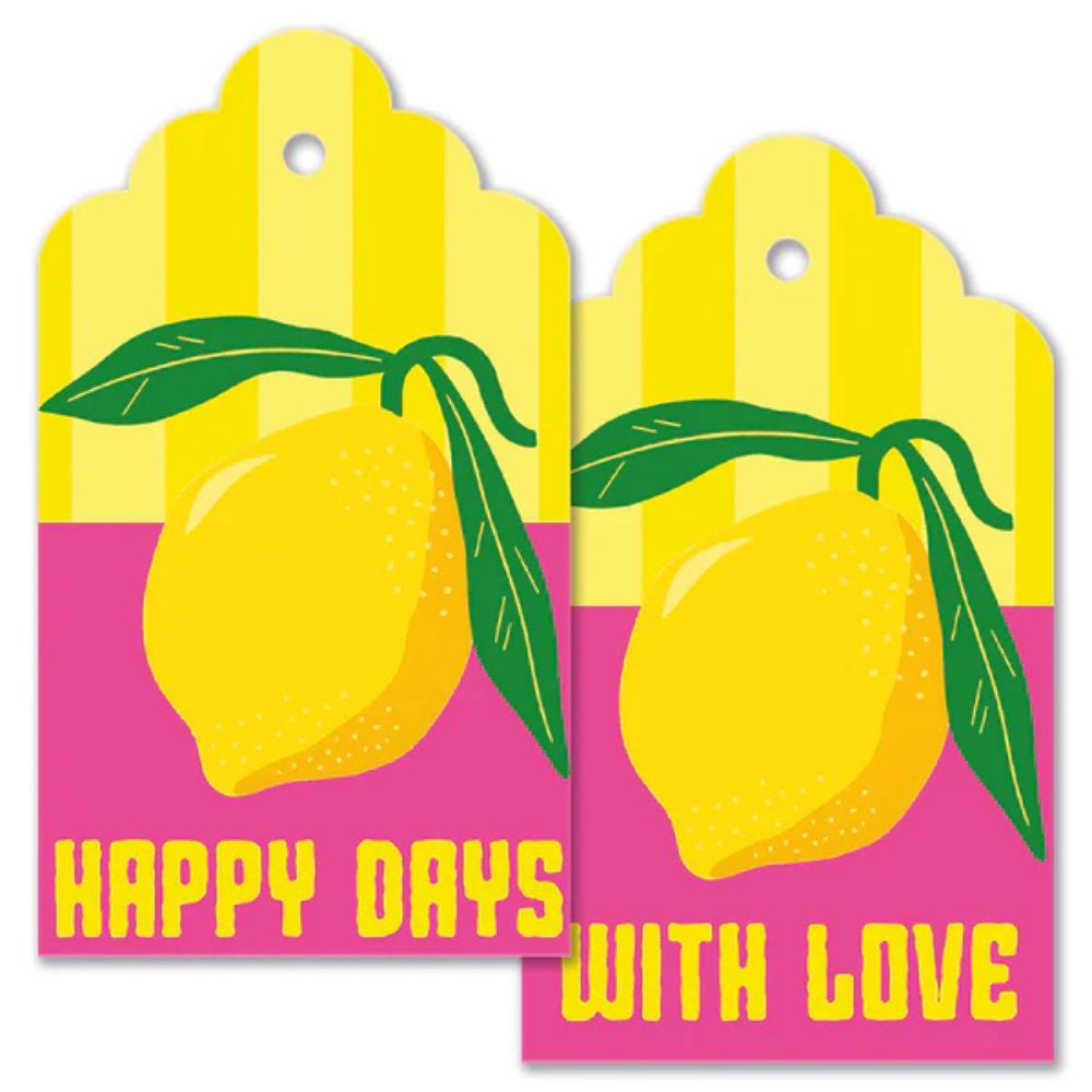 Two decorative tags with lemons and text on a white background