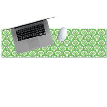 Load image into Gallery viewer, Laptop and mouse on a green palm tree patterned desk mat with a white background
