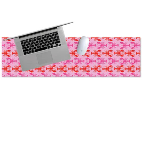 Pink and red lobster patterned desk mat with a laptop and mouse on top