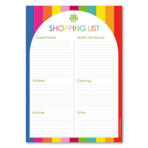 Colorful shopping list pad with rainbow border on a white background