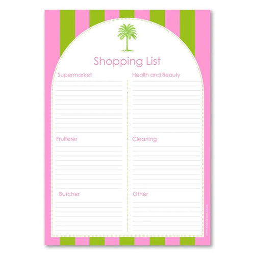 Shopping list with green and pink striped border and palm tree icon.