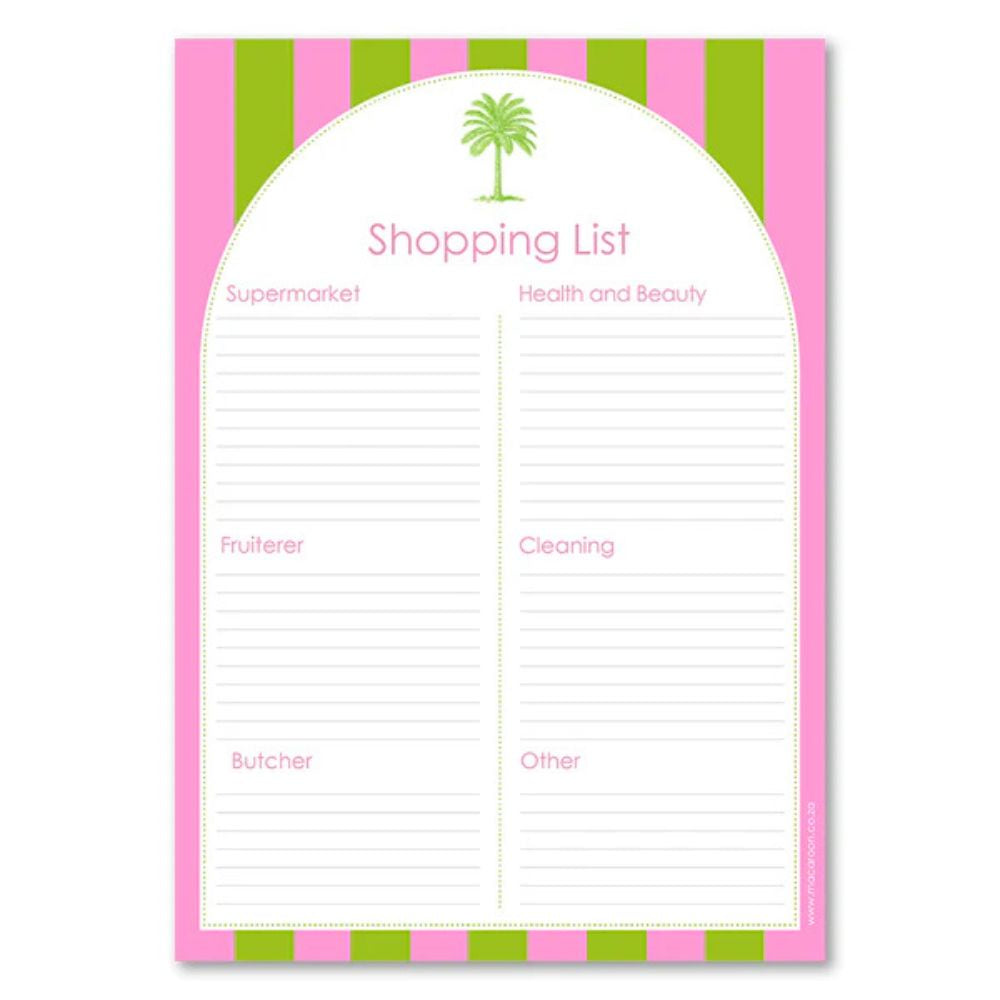 Shopping list with green and pink striped border and palm tree icon.