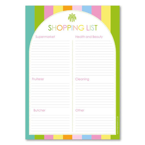 Colorful shopping list pad with categories at the top