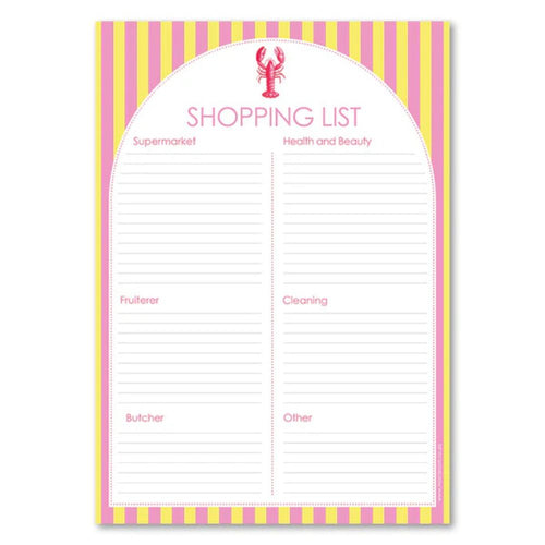 Shopping list notepad with pink and yellow striped border and lobster logo.