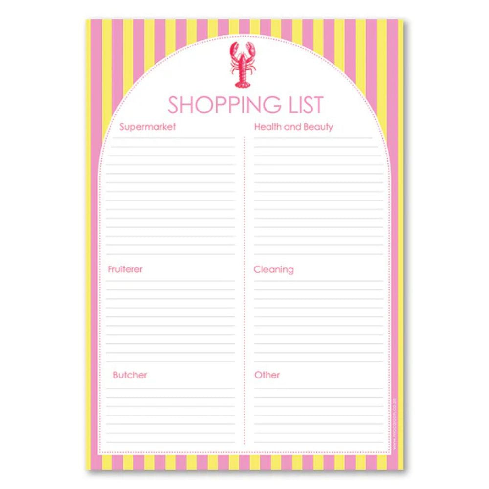 Shopping list notepad with pink and yellow striped border and lobster logo.