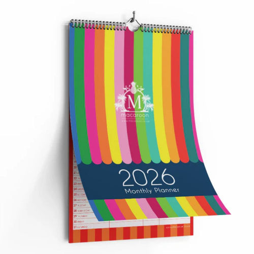 Colorful striped planner with '2026' on a white background