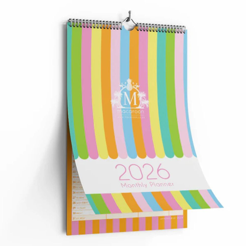 Colorful striped planner with '2026' on a white background