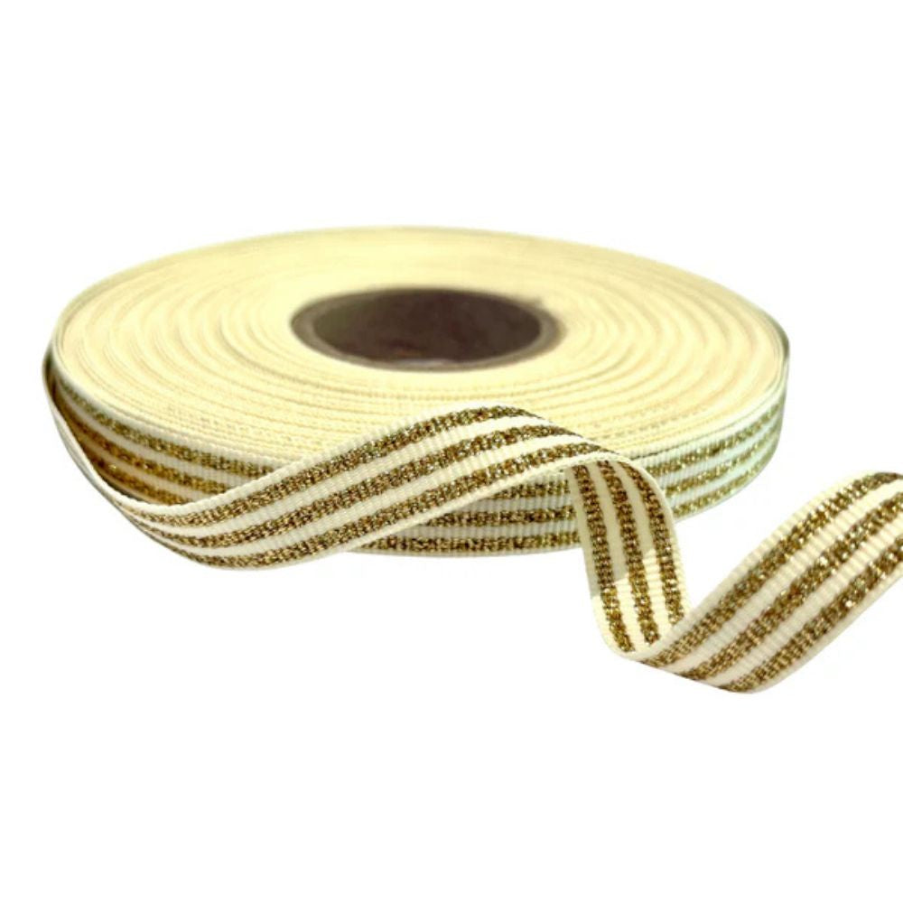 Roll of beige ribbon with gold stripes on a white background