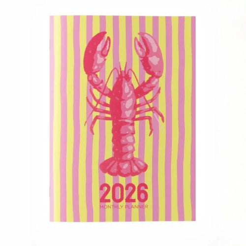 2026 monthly planner with a pink lobster design on a striped yellow and pink background