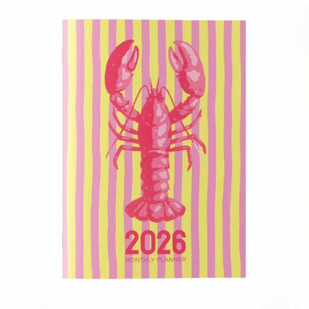 2026 monthly planner with a pink lobster design on a striped yellow and pink background