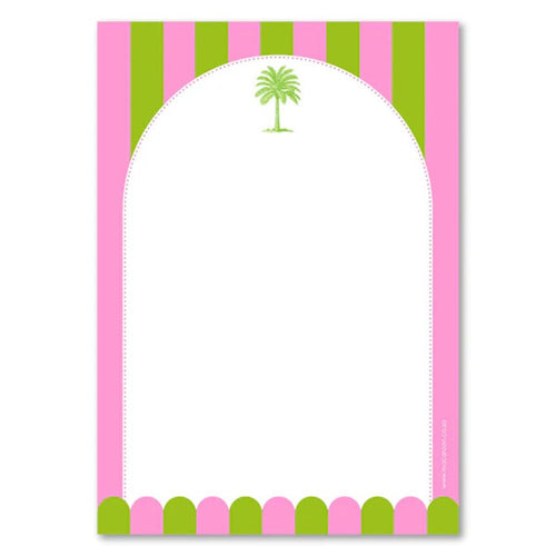 Notepad with pink and green striped border and palm tree design on a white background