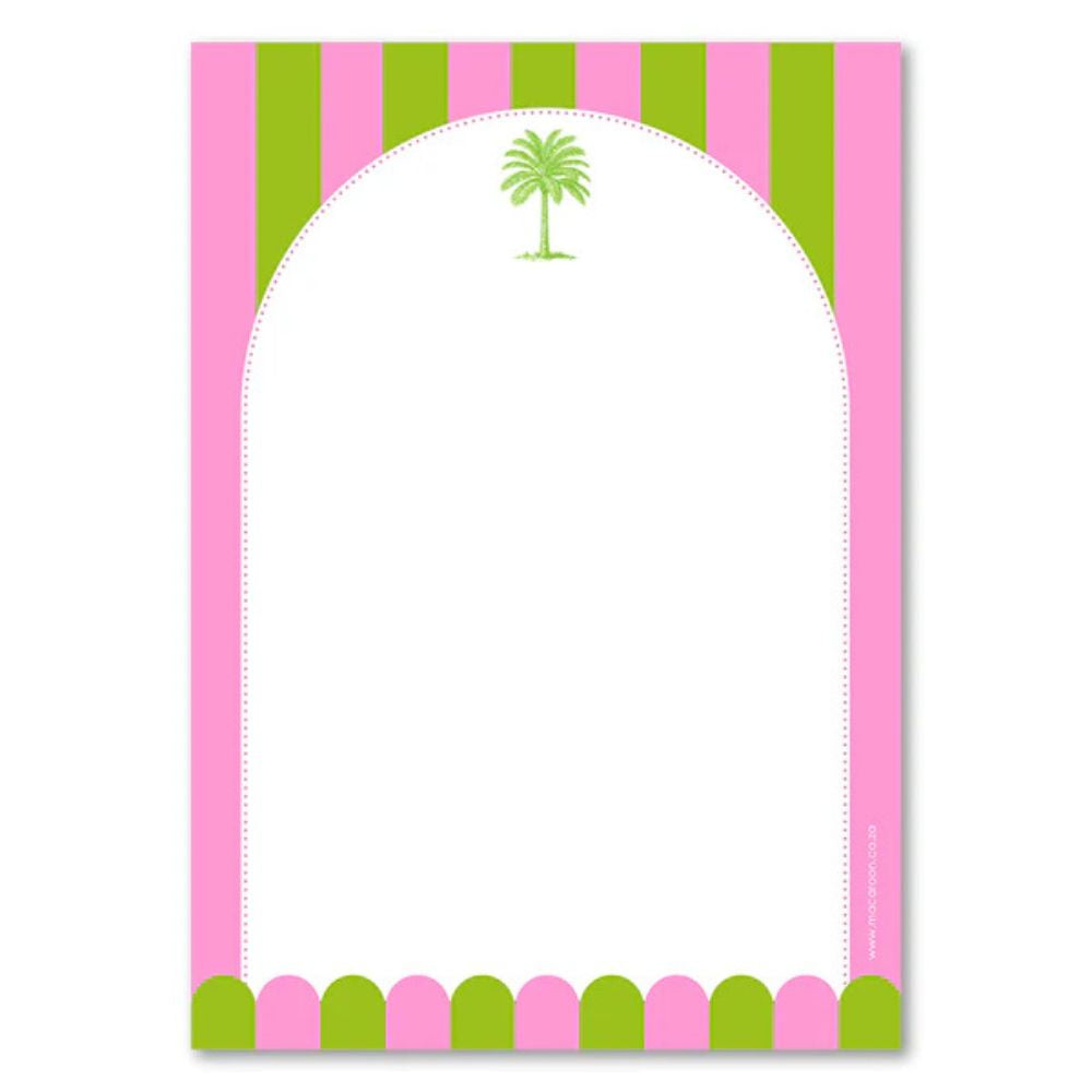 Notepad with pink and green striped border and palm tree design on a white background