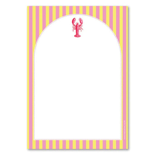 Notepad with pink and yellow striped border and red lobster design on a white background