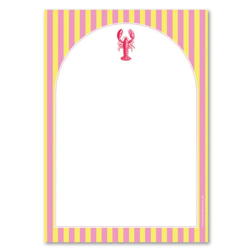 Notepad with pink and yellow striped border and red lobster design on a white background