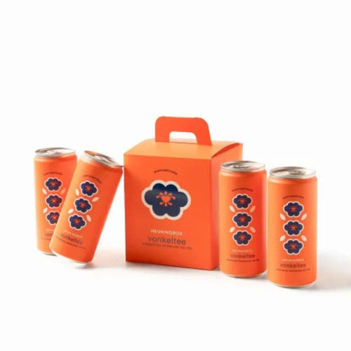 Orange cans with a matching box featuring a logo on a white background