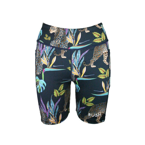 Black athletic shorts with colorful animal and plant pattern on a white background