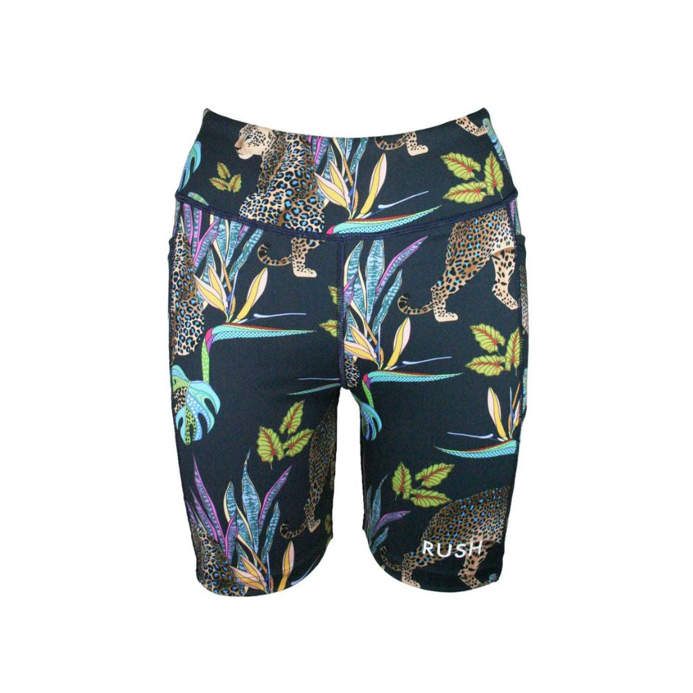Black athletic shorts with colorful animal and plant pattern on a white background