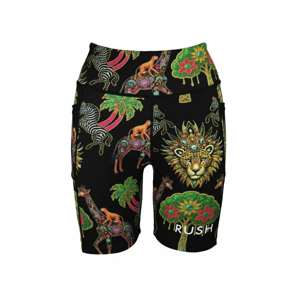 Colorful animal and nature patterned shorts with 'Rush' branding on a black background