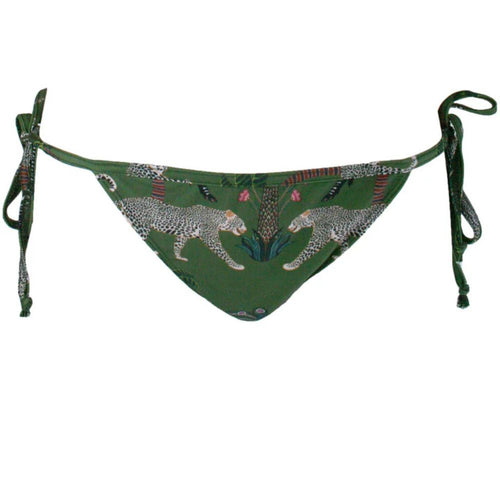 Green bikini bottom with animal print on a white background