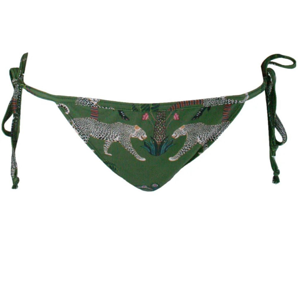 Green bikini bottom with animal print on a white background
