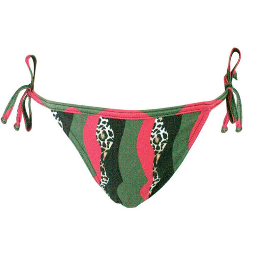 Green and pink bikini bottom with leopard print accents on a white background