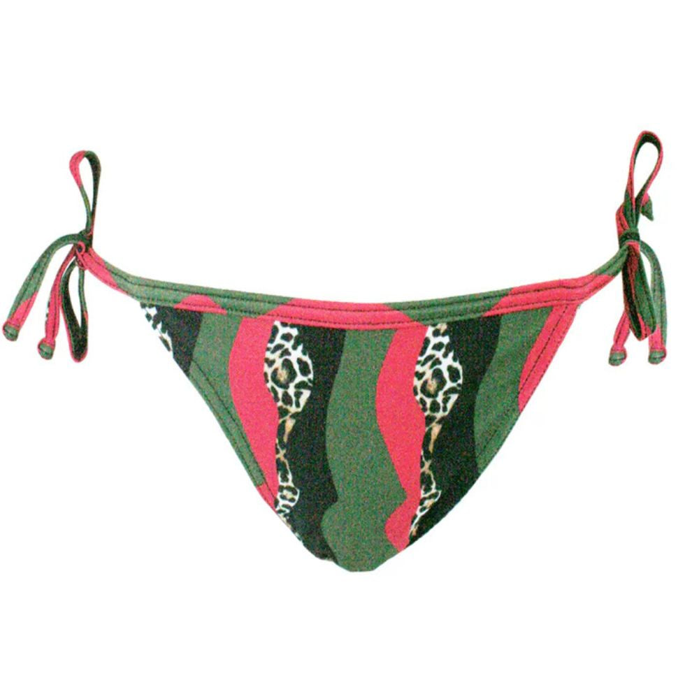 Green and pink bikini bottom with leopard print accents on a white background