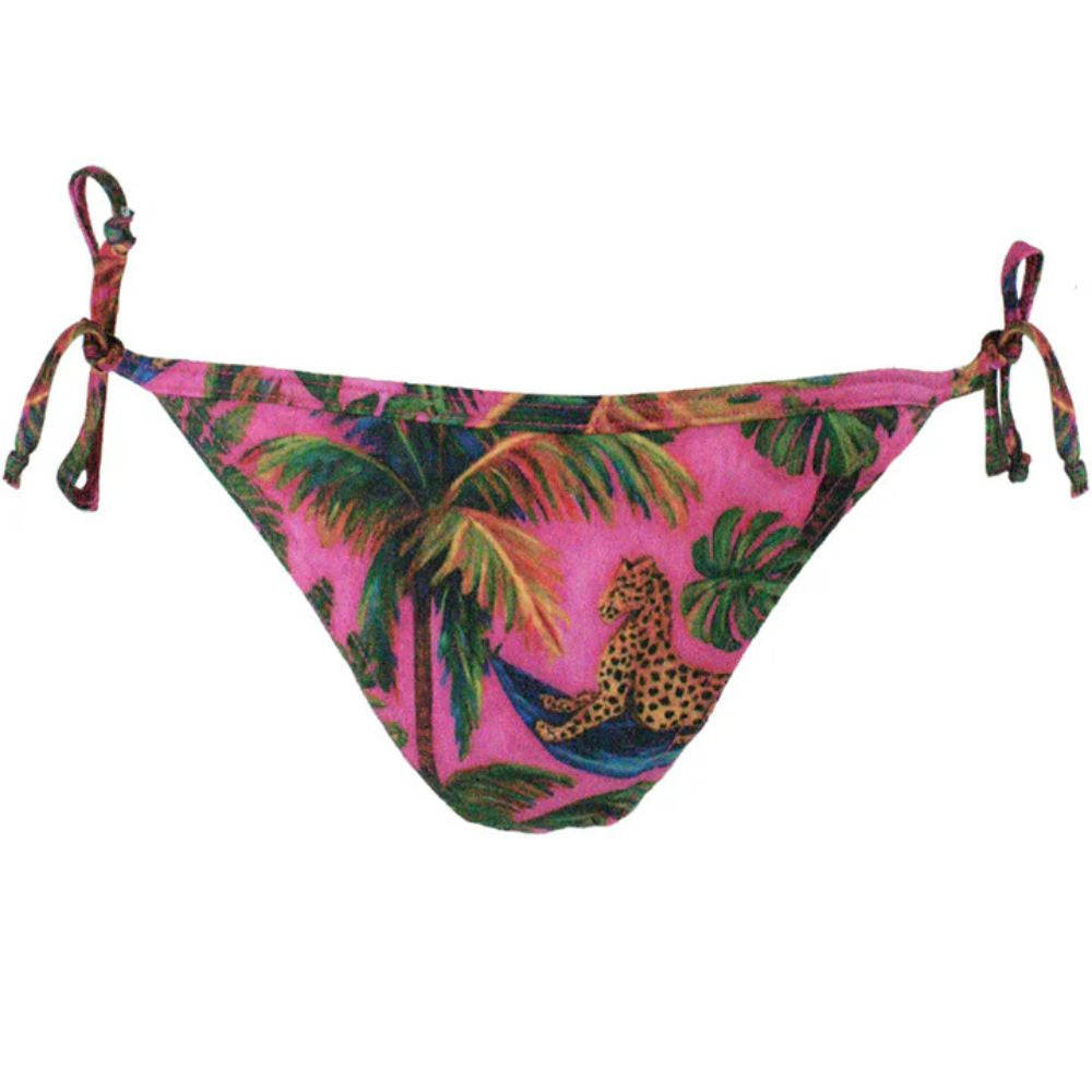 Tropical print bikini bottom with cheetah design on a white background
