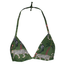 Load image into Gallery viewer, Green bikini top with animal print on a white background
