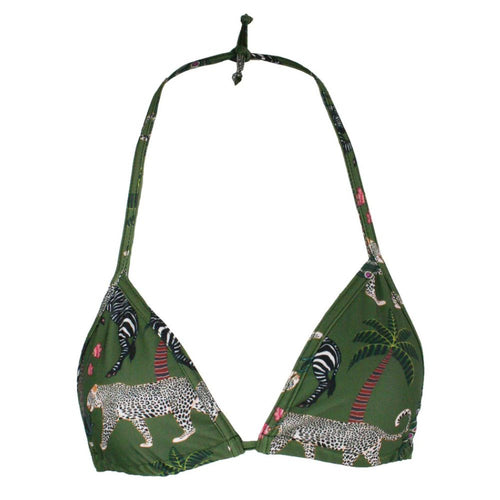 Green bikini top with animal print on a white background