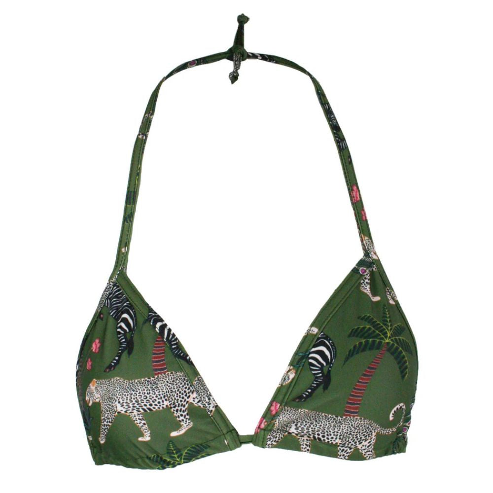 Green bikini top with animal print on a white background