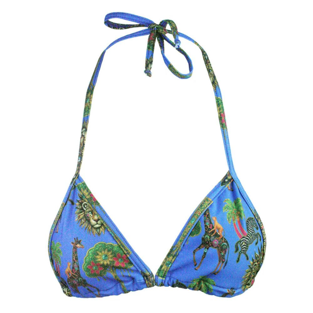 Blue bikini top with animal print on a white background