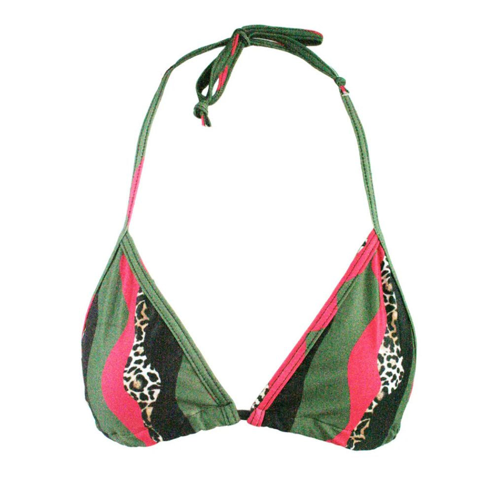 Green and pink bikini top with animal print details on a white background
