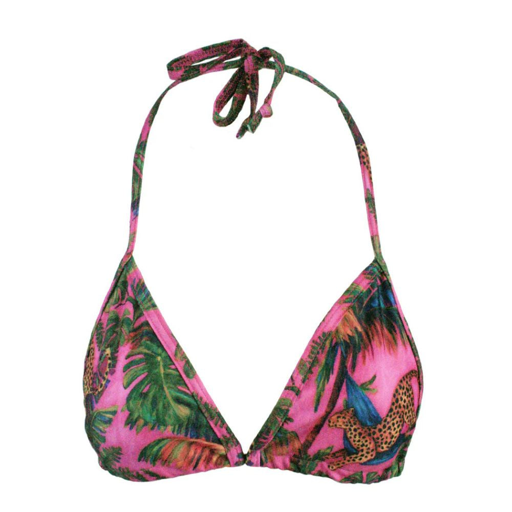 Tropical print bikini top with pink and green colors on a white background