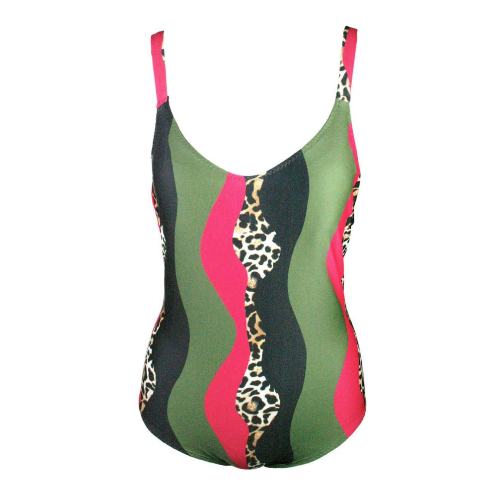Multicolored swimsuit with leopard print accents on a white background