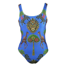Load image into Gallery viewer, Colorful swimsuit with animal and floral design on a blue background
