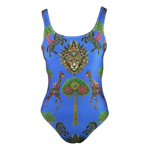 Colorful swimsuit with animal and floral design on a blue background
