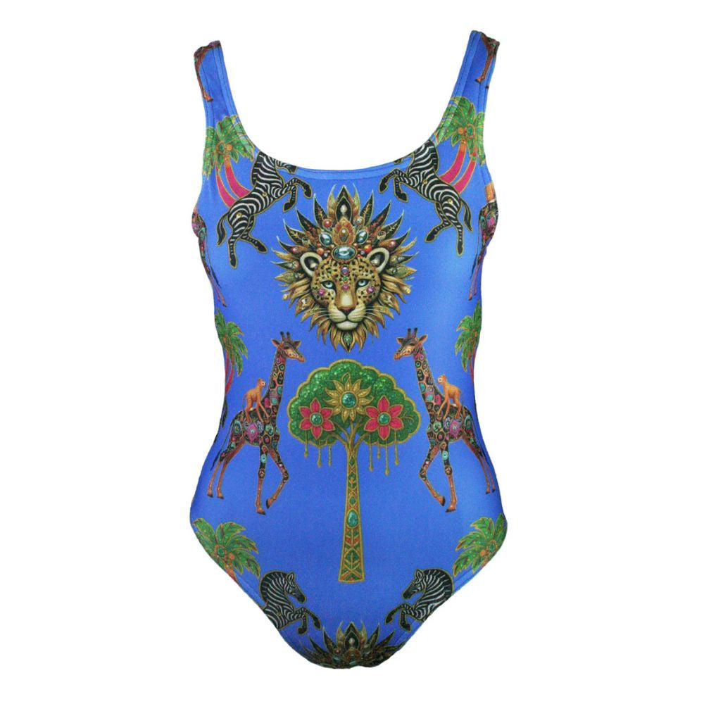 Colorful swimsuit with animal and floral design on a blue background