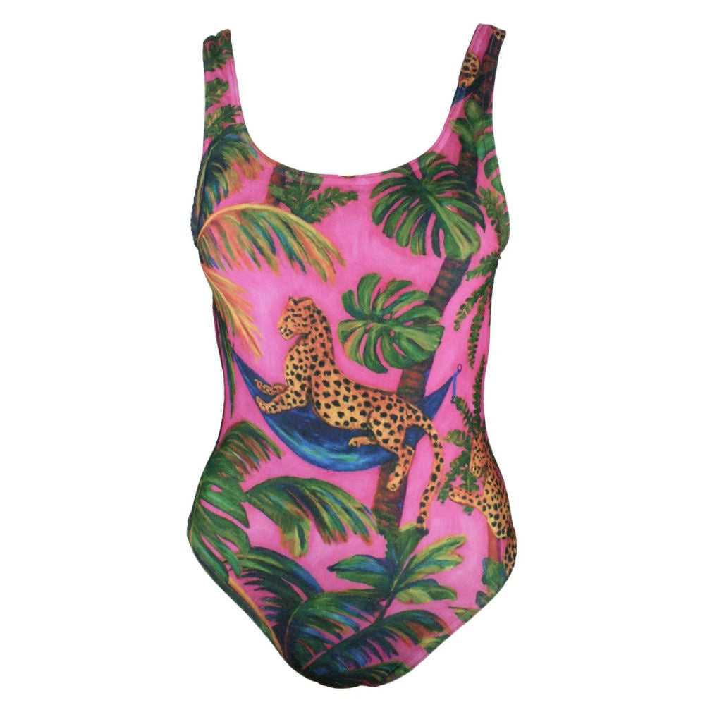 One-piece swimsuit with tropical leaf and leopard print on a pink background