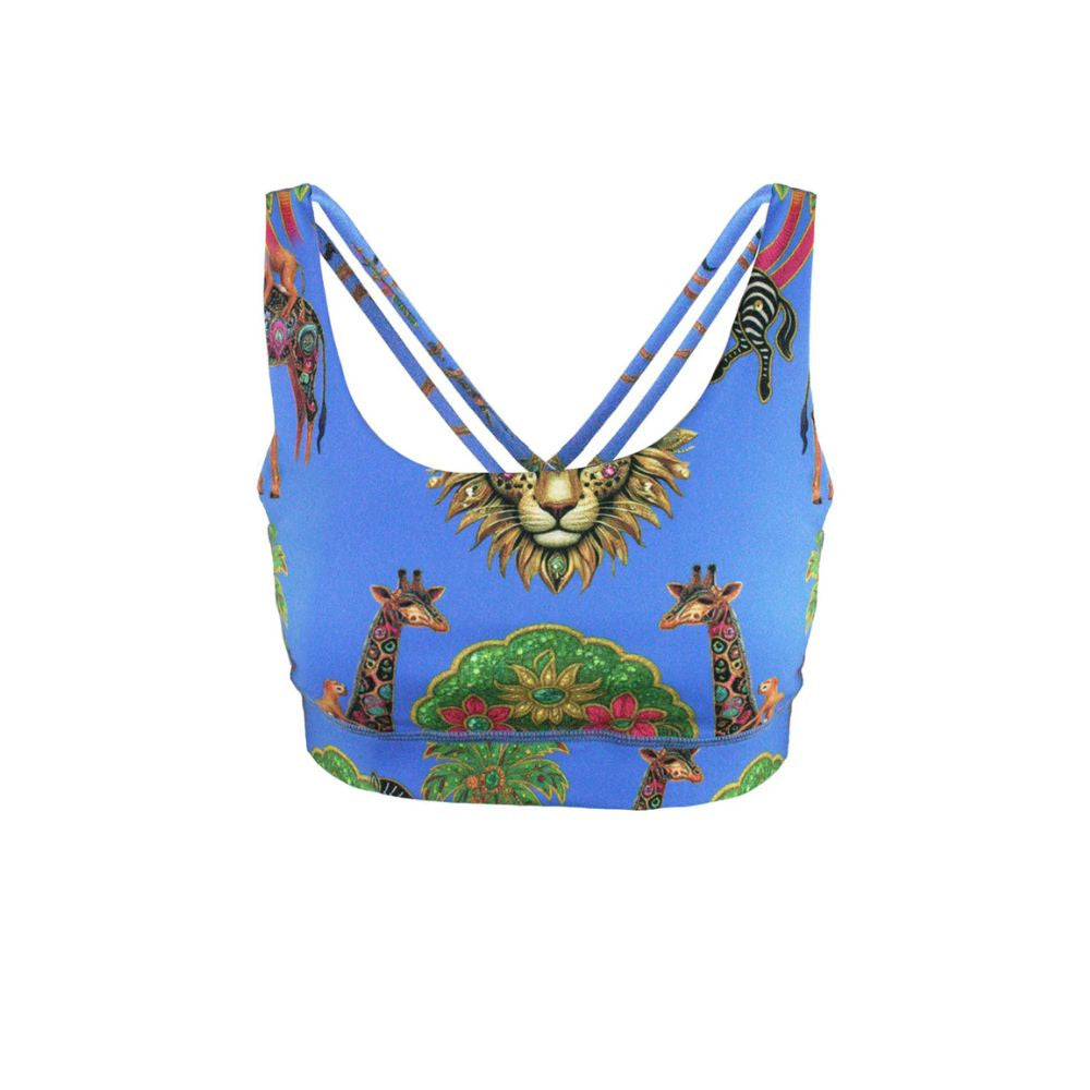 Colorful sports bra with animal print on a white background