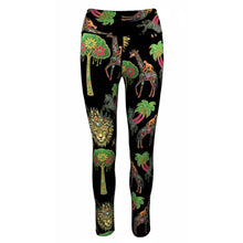Load image into Gallery viewer, Leggings with colorful animal and plant pattern on a black background
