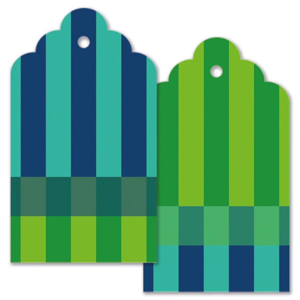 Two geometrically patterned tags in blue and green on a white background